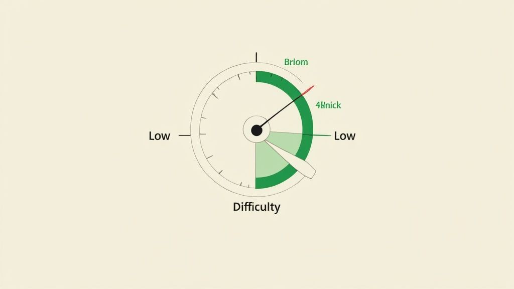 Keyword difficulty gauge showing low competition for long-tail keywords