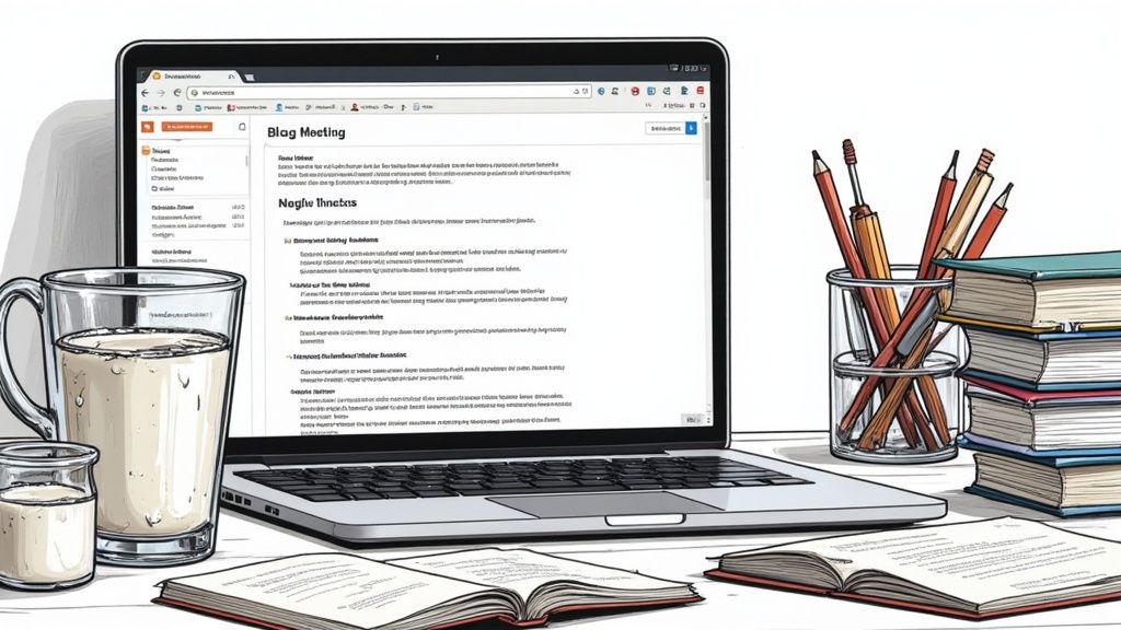 Laptop with blog notes for validating low-competition keyword ideas