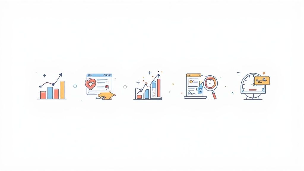 Ein digitales Marketing-Dashboard mit wichtigen KPIs wie Conversion Rate, Cost per Acquisition und Traffic-Quellen.